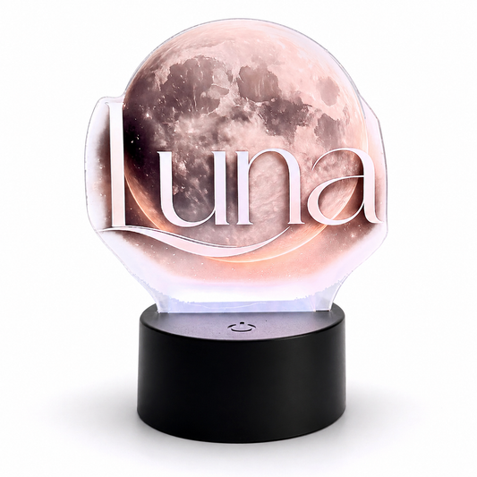Personalized Luna moon LED night light on white background