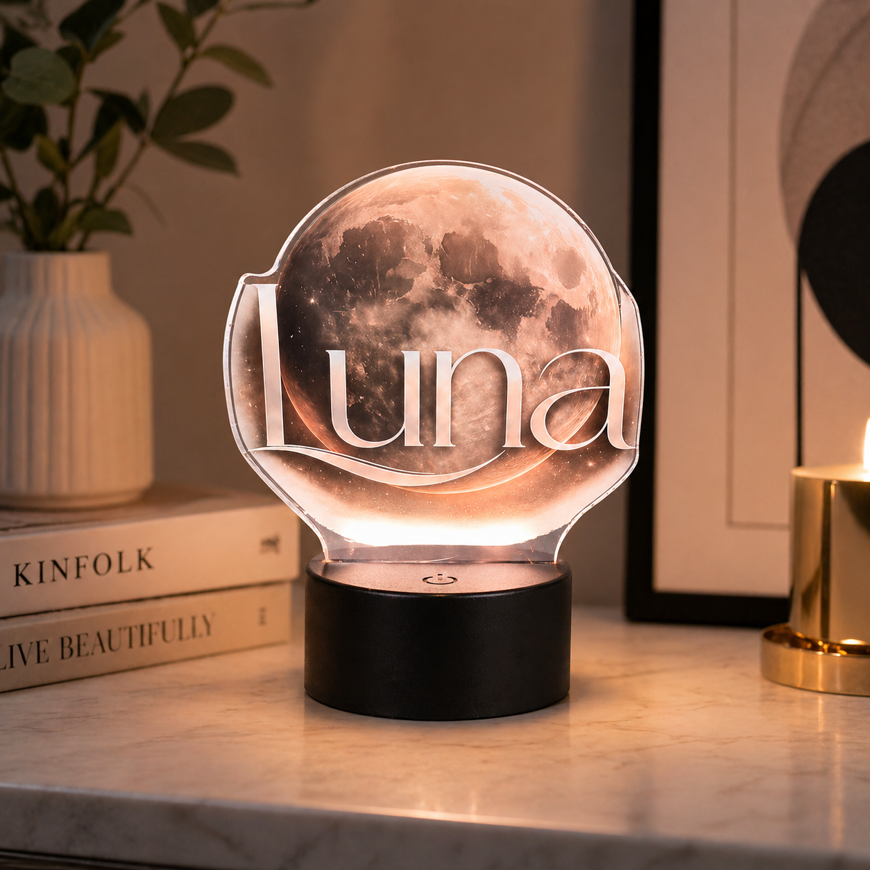 Luna moon LED lamp styled on modern home table